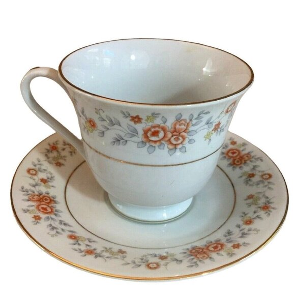 FTDA Vintage‎ 1987 Footed Teacup & Saucer Set White Silver Band Floral Orange - Picture 2 of 11